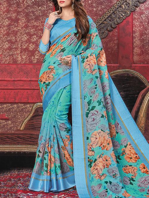 blue printed saree with blouse - 13992753 - Very Small Image - 1
