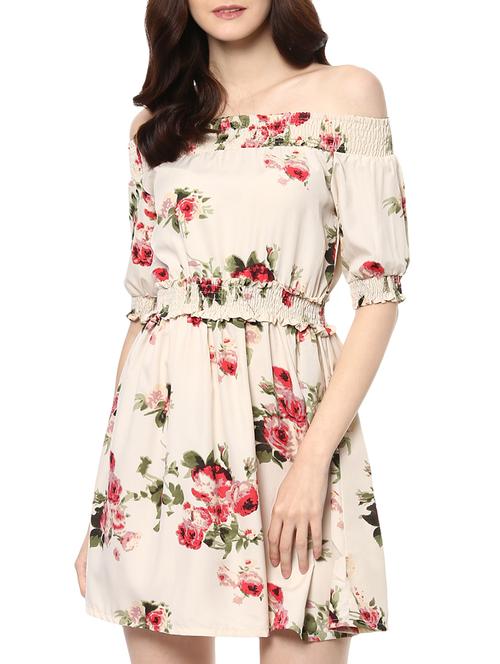 cream floral printed poly crepe off shoulder dress - 13994279 - Very Small Image - 1