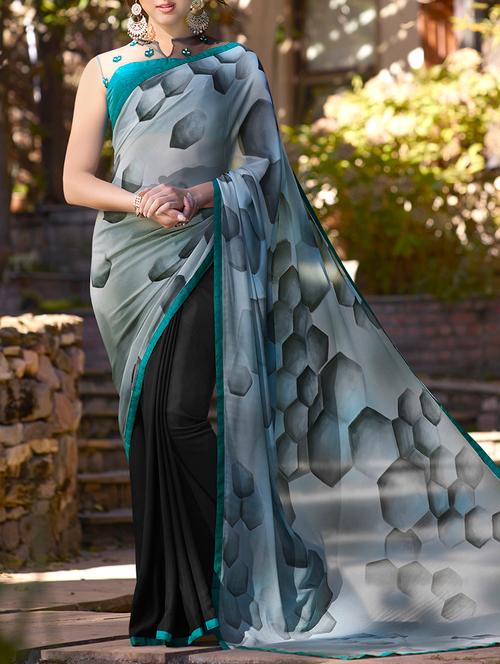 grey printed georgette saree - 13994415 - Very Small Image - 1