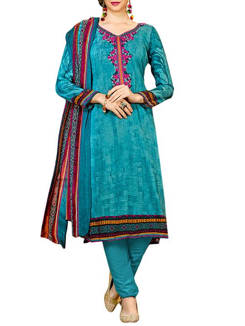 turquoise rayon printed dress material - 13995567 - Very Small Image - 1