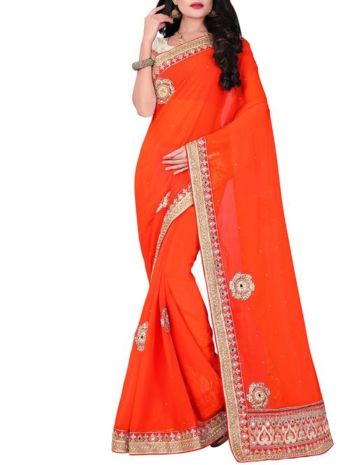 orange georgette embroidered saree with blouse - 13998285 - Very Small Image - 1