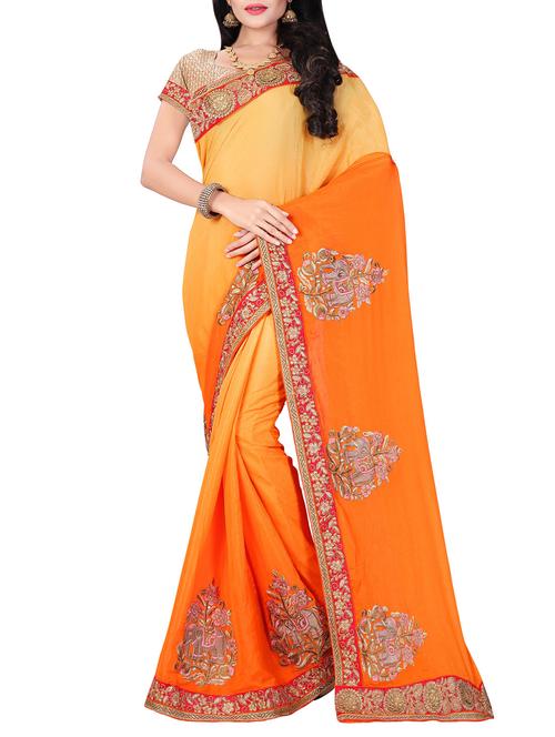 orange poly crepe embroidered saree with blouse - 13998287 - Very Small Image - 1