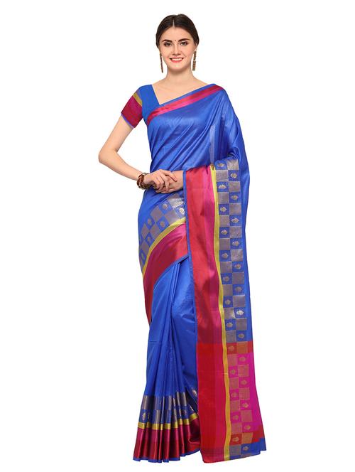 blue cotton silk bordered saree with blouse - 14007958 - Very Small Image - 1