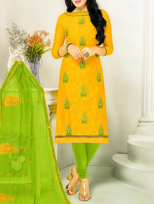 yellow cotton blend embroidered dress material - 14007993 - Very Small Image - 1