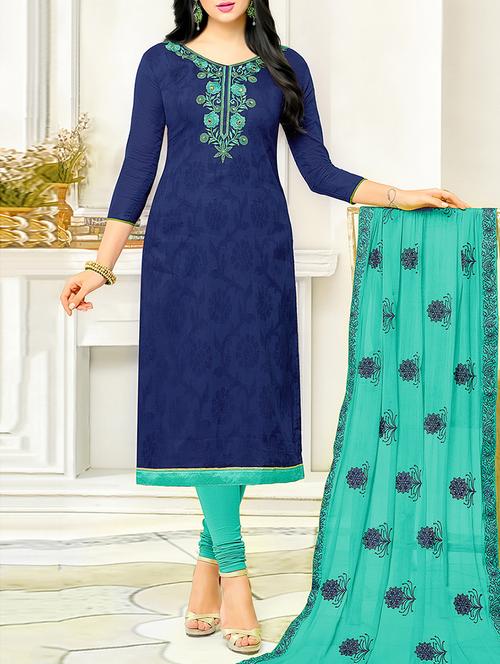 navy blue cotton blend embroidered dress material - 14007995 - Very Small Image - 1