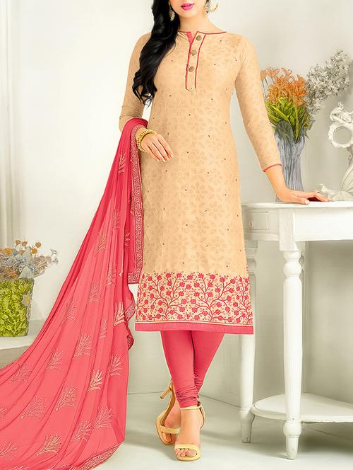 beige cotton blend embroidered dress material - 14007996 - Very Small Image - 1