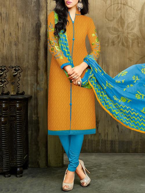 mustard cotton blend embroidered dress material - 14008005 - Very Small Image - 1