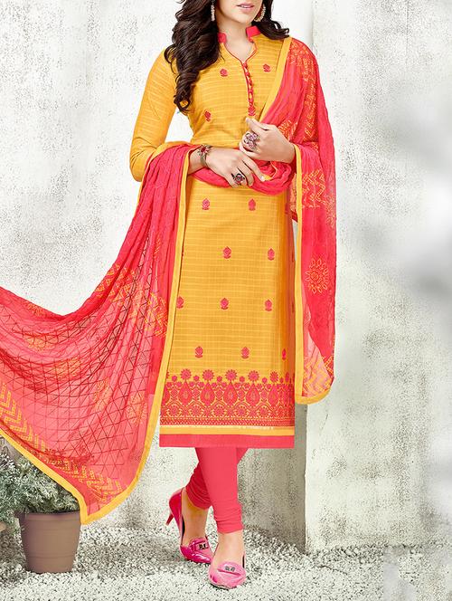 mustard cotton blend embroidered dress material - 14008015 - Very Small Image - 1