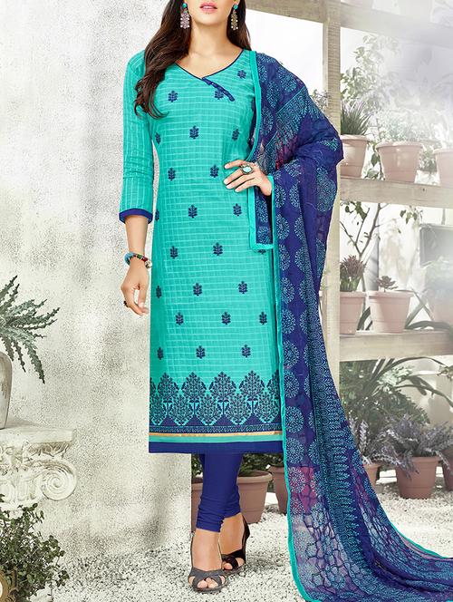 turquoise cotton blend embroidered dress material - 14008016 - Very Small Image - 1
