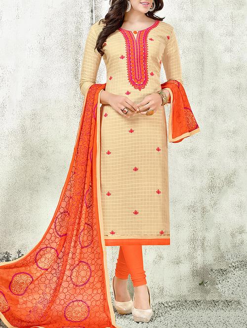 beige cotton blend embroidered dress material - 14008020 - Very Small Image - 1
