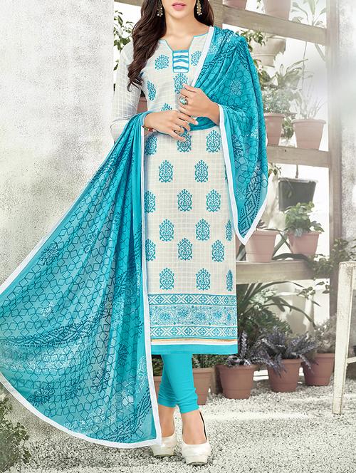 white cotton blend embroidered dress material - 14008022 - Very Small Image - 1