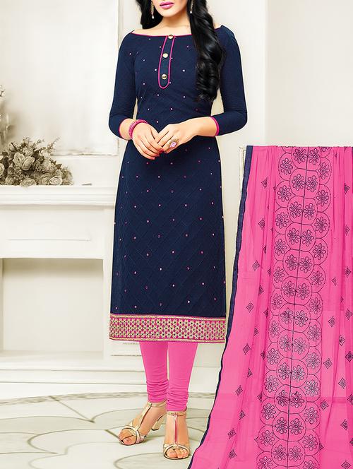 navy blue cotton blend embroidered dress material - 14008030 - Very Small Image - 1