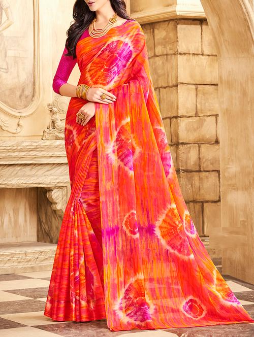 orange tie and dye kota net saree with blouse - 14008157 - Very Small Image - 1