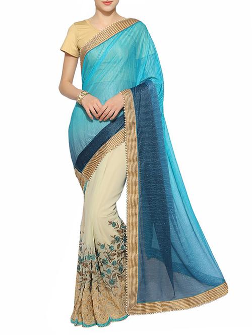 turquoise & off white half and half saree with blouse - 14009173 - Very Small Image - 1