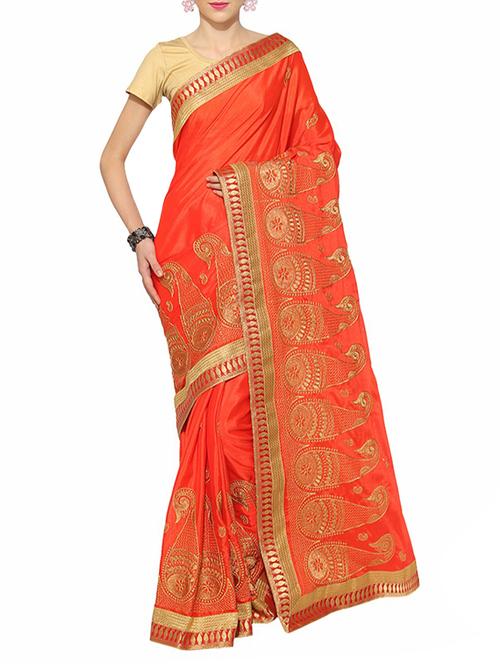 orange silk embroidered saree with blouse - 14009177 - Very Small Image - 1