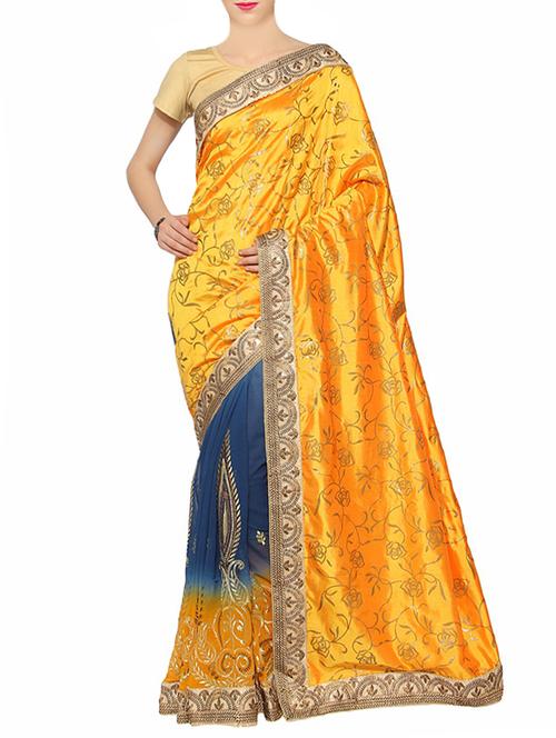 yellow & blue half & half saree with blouse - 14009182 - Very Small Image - 1