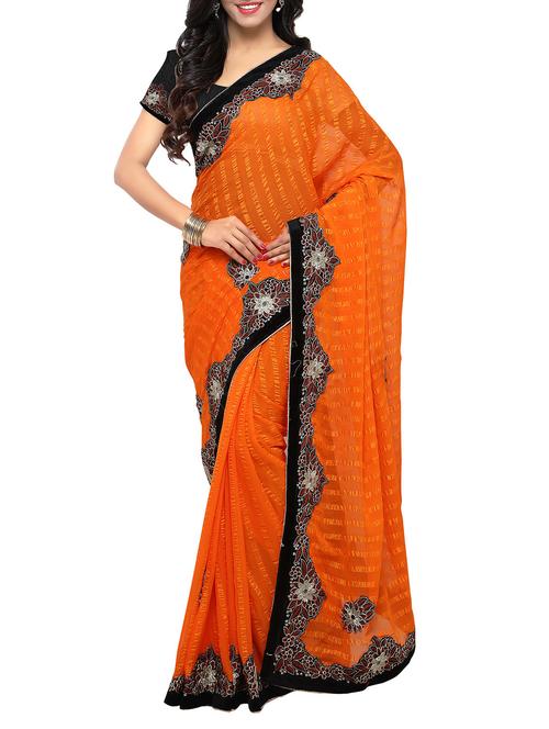 orange poly crepe embroidered saree with blouse - 14009194 - Very Small Image - 1