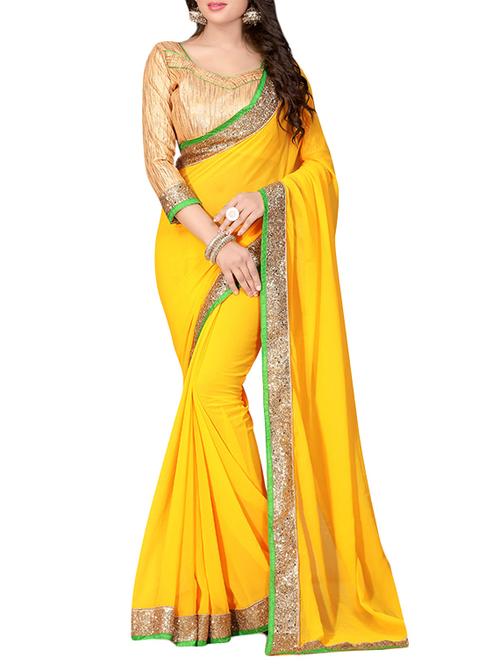 yellow bordered georgette saree with blouse - 14009258 - Very Small Image - 1