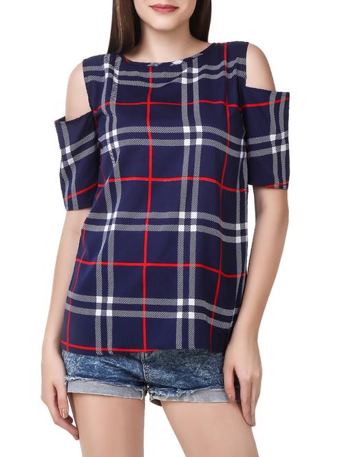 blue check polycrepe top - 14009440 - Very Small Image - 1