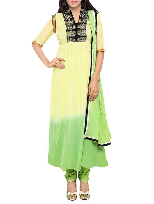 green & yellow flared dress material - 14009894 - Very Small Image - 1