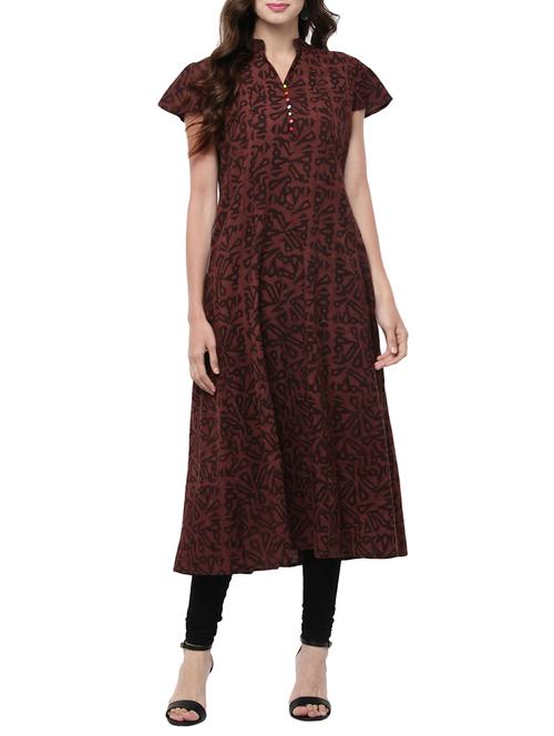brown cotton flared kurta - 14010094 - Very Small Image - 1