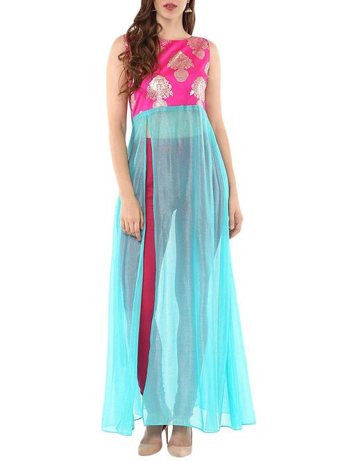 sky blue synthetic high slit kurta - 14010151 - Very Small Image - 1