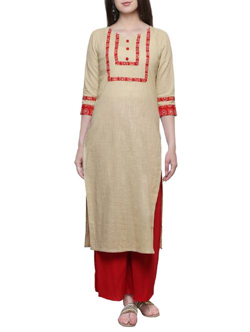 beige cotton blend straight kurta - 14038353 - Very Small Image - 1