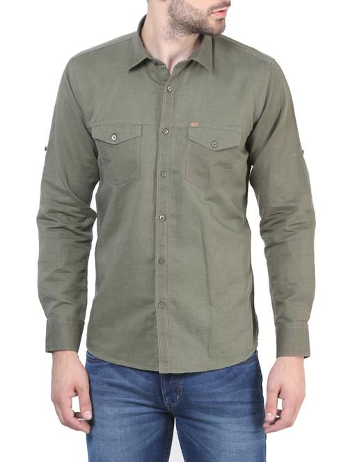 olive green cotton casual shirt - 14039272 - Very Small Image - 1