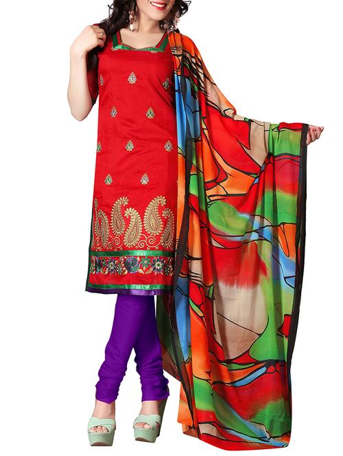 red chanderi cotton unstitched suit - 14039394 - Very Small Image - 1
