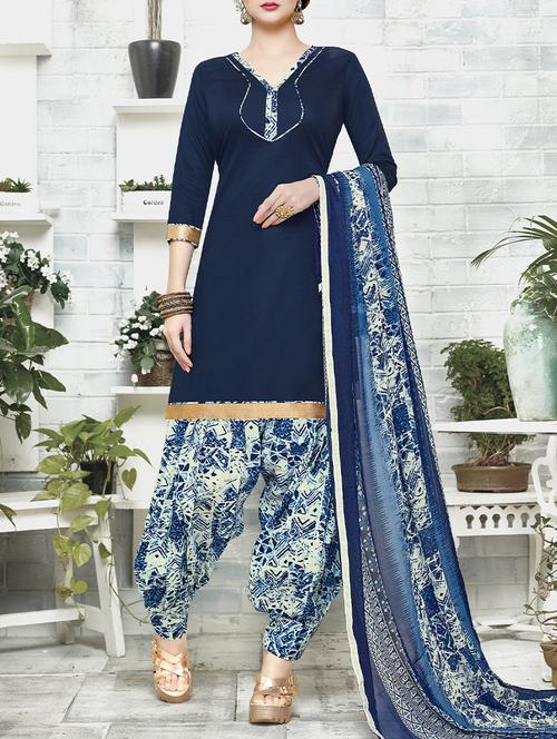 blue cotton unstitched suit - 14042465 - Very Small Image - 1