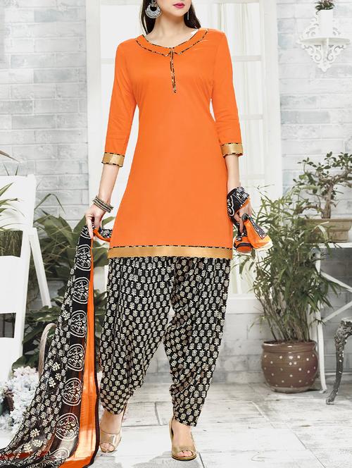 orange cotton unstitched suit - 14042470 - Very Small Image - 1
