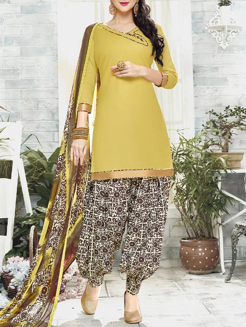yellow cotton unstitched suit - 14042473 - Very Small Image - 1