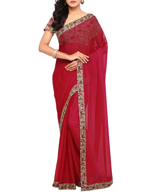 magenta bordered saree with blouse - 14043186 - Very Small Image - 1