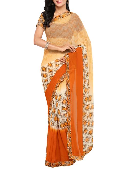 orange faux georgette printed saree with blouse - 14043190 - Very Small Image - 1