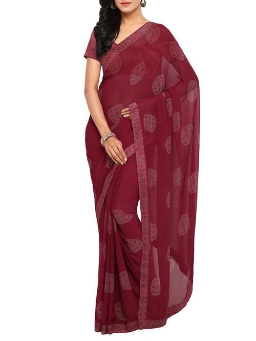 maroon faux georgette printed saree with blouse - 14043191 - Very Small Image - 1