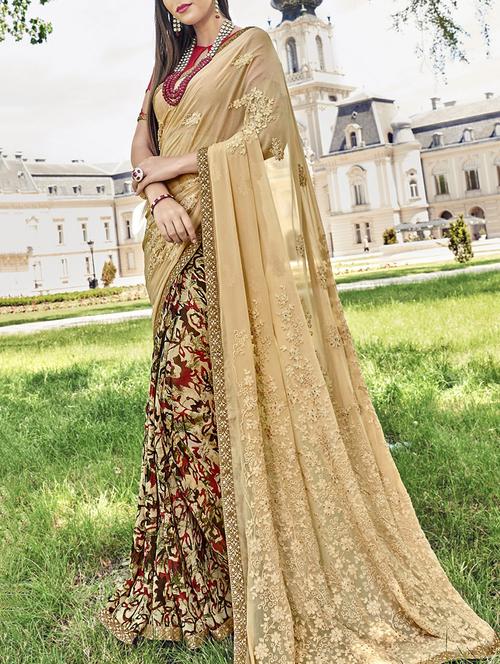 beige half & half saree with blouse - 14043256 - Very Small Image - 1