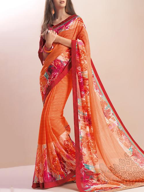 orange faux georgette printed saree with blouse - 14043270 - Very Small Image - 1