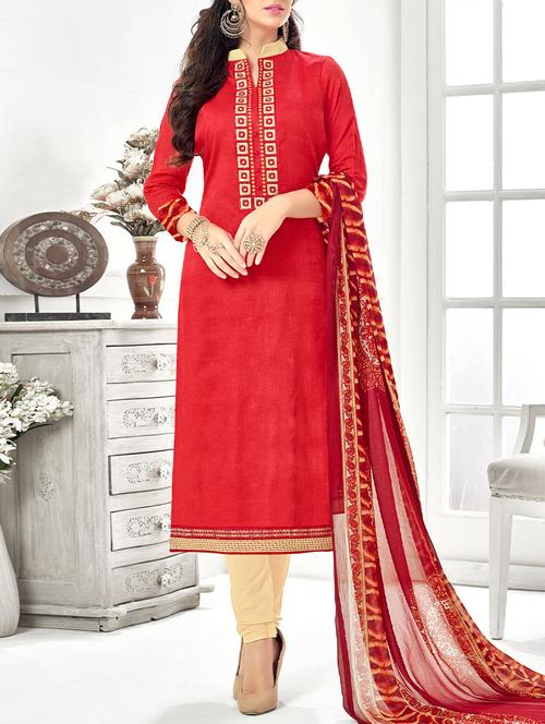 red cotton unstitched suit - 14044267 - Very Small Image - 1