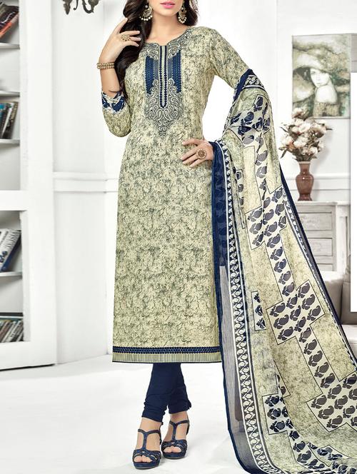 cream cotton unstitched suit - 14044273 - Very Small Image - 1