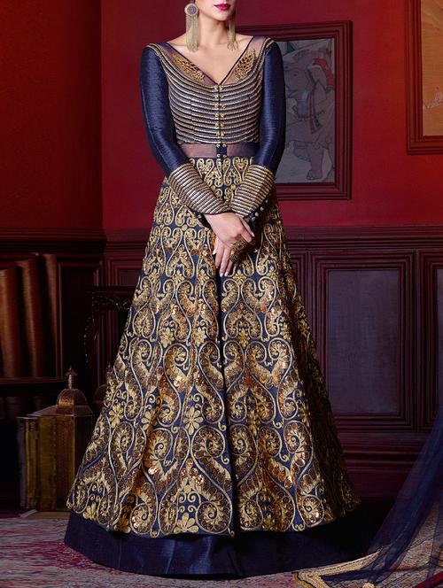 blue faux silk unstitched suit - 14044288 - Very Small Image - 1