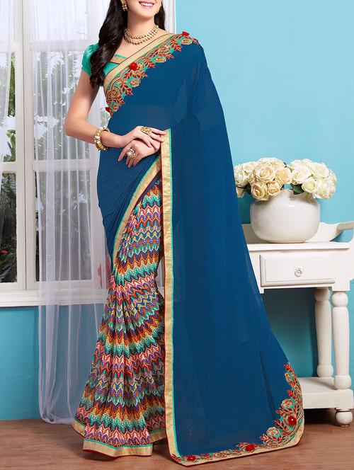 blue georgette embroidered saree with blouse - 14044386 - Very Small Image - 1