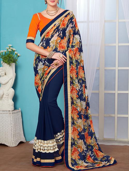 orange georgette embroidered saree with blouse - 14044388 - Very Small Image - 1