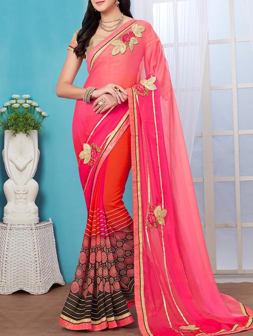 pink chiffon embroidered saree with blouse - 14044392 - Very Small Image - 1