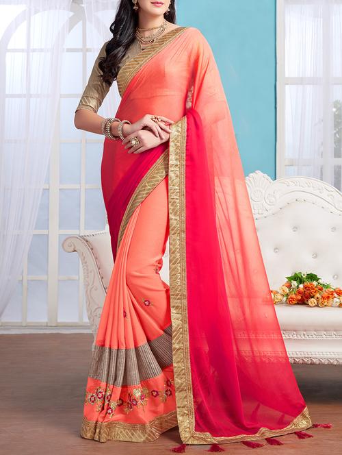 orange chiffon embroidered saree with blouse - 14044395 - Very Small Image - 1