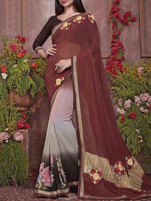 brown georgette embroidered saree with blouse - 14044403 - Very Small Image - 1