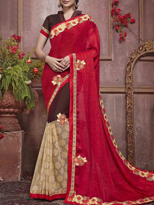 red georgette embroidered saree with blouse - 14044406 - Very Small Image - 1