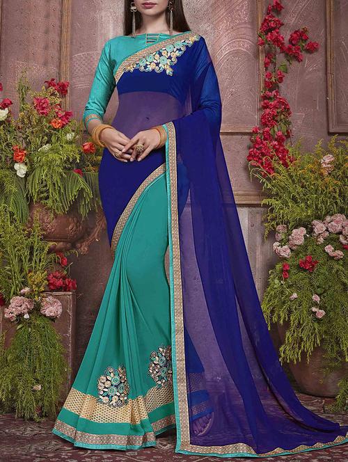 turquoise georgette embroidered saree with blouse - 14044418 - Very Small Image - 1