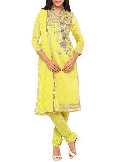 yellow chanderi cotton dress material - 14044802 - Very Small Image - 1