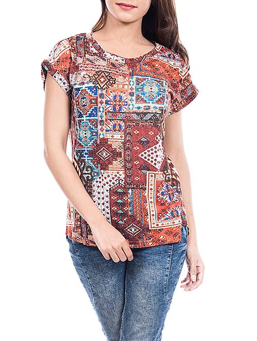 round neck cap sleeved printed top - 14047437 - Very Small Image - 1