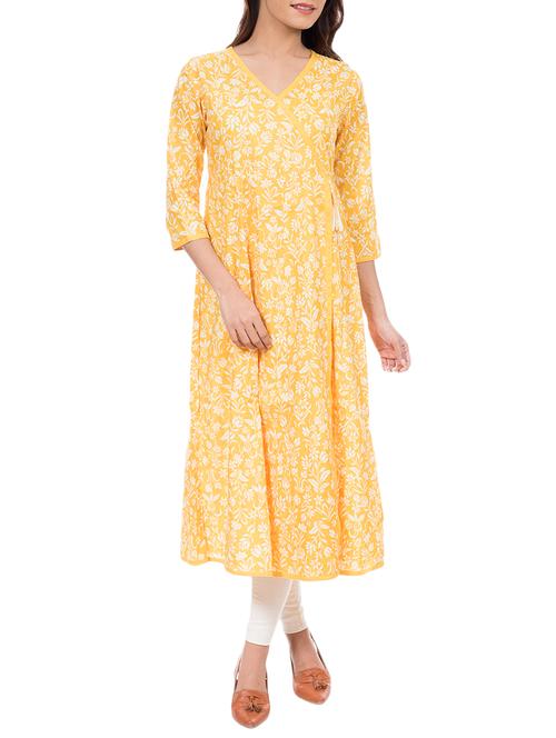 yellow cotton angrakha kurta - 14047446 - Very Small Image - 1